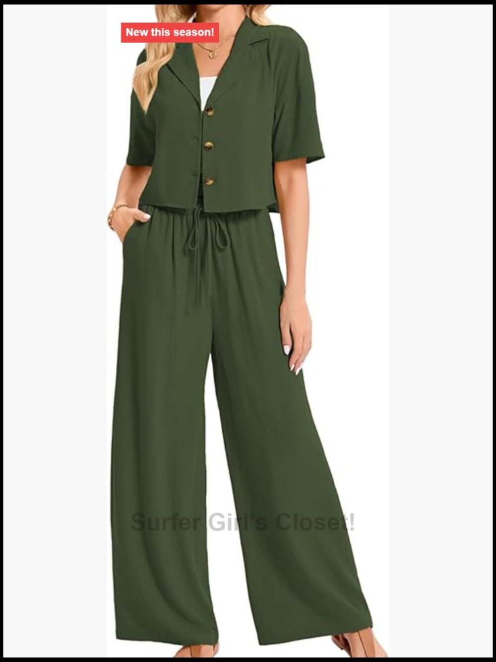 Linen Two-Piece Pants Set Casual Button Top Drawstring Pants Set